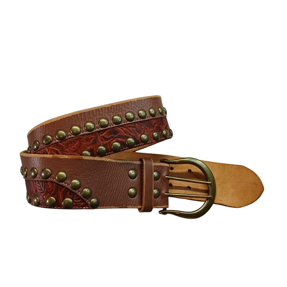 Linea Pelle Brown Leather Studded Floral Embossed Belt LP06093 Womens Medium